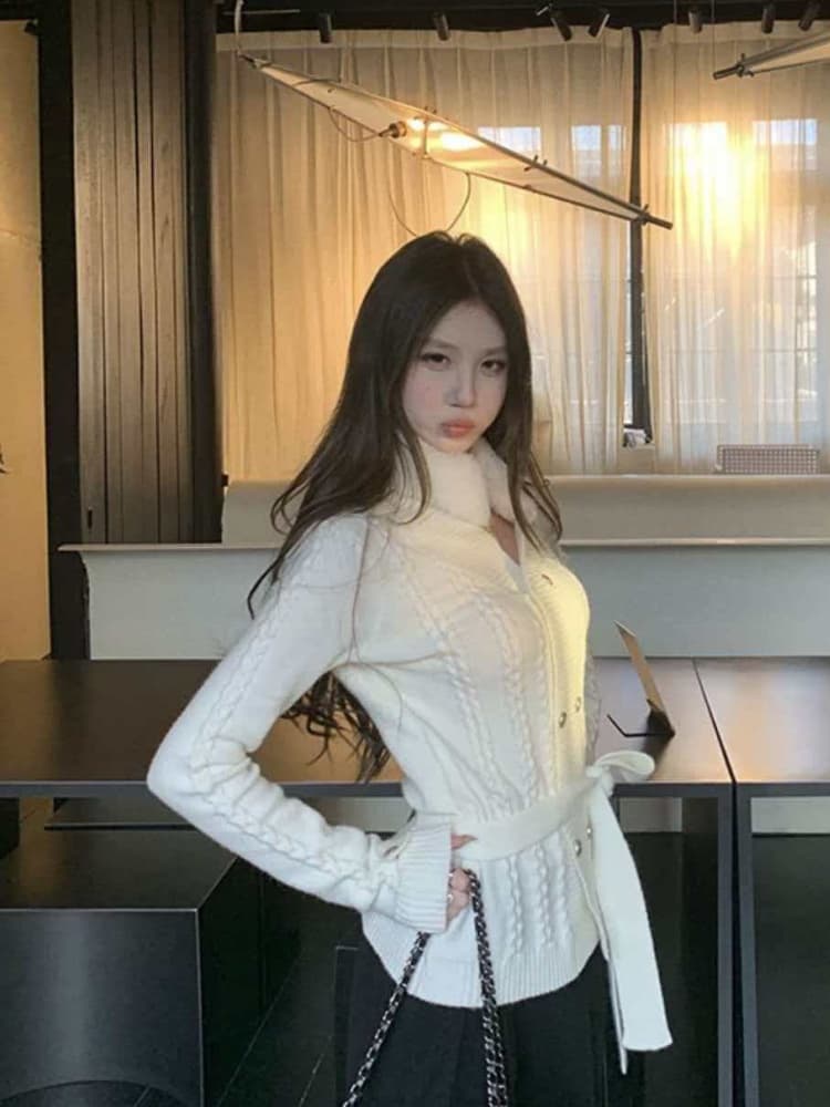 2026 새로운 패션 사실 토끼털 모피 칼라 니트 오픈 가디건 여성 품격 꽈배기 스웨터 코트 맨위 니트 재킷 상세 이미지 14