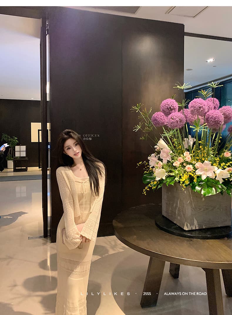 lilylikes 부드러운 자매 부서 여름 오래된 돈 휴가 센스 상쾌 마 센스 홀로우 아웃 조끼 스커트 오픈 가디건 세트 상세 이미지 3