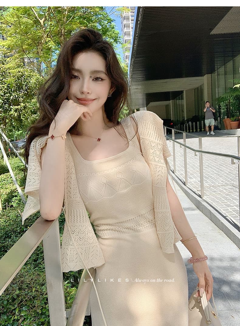 lilylikes 부드러운 자매 부서 여름 오래된 돈 휴가 센스 상쾌 마 센스 홀로우 아웃 조끼 스커트 오픈 가디건 세트 상세 이미지 25