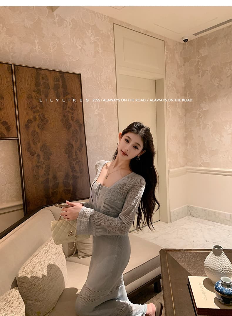 lilylikes 부드러운 자매 부서 여름 오래된 돈 휴가 센스 상쾌 마 센스 홀로우 아웃 조끼 스커트 오픈 가디건 세트 상세 이미지 29