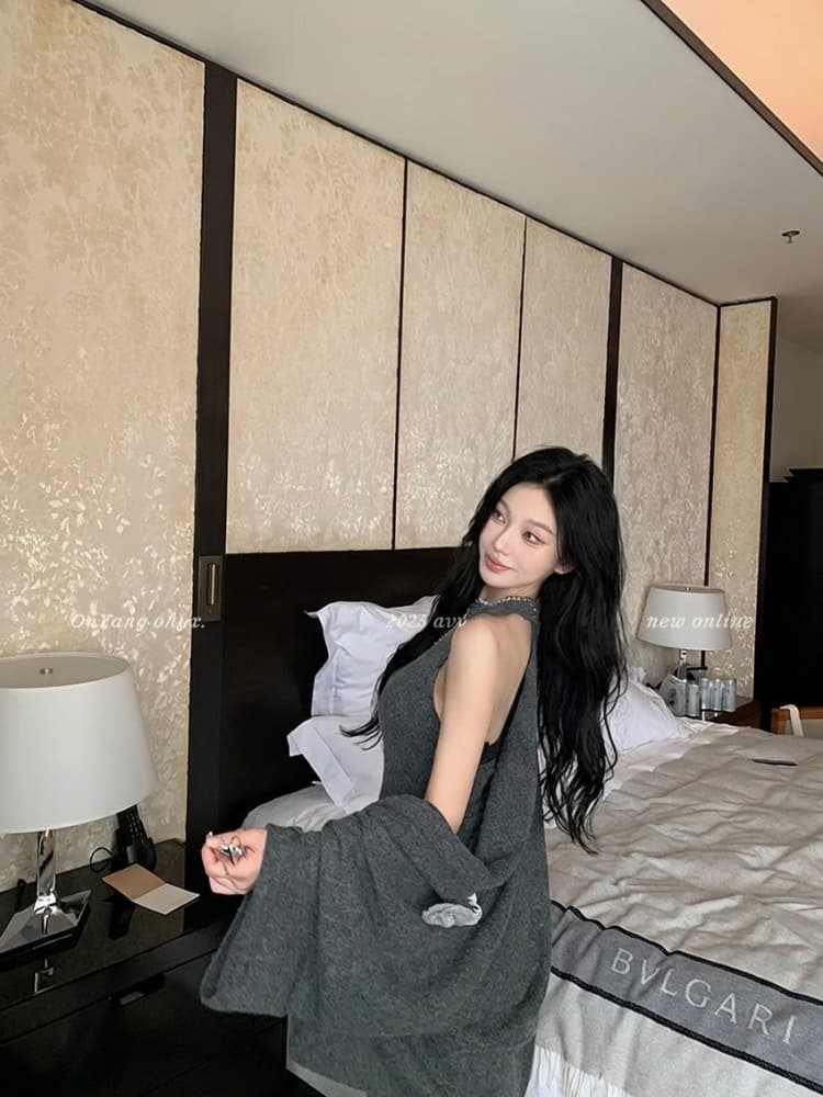2026 새로운 느긋한 루즈핏 프로필 모양 배트윙 소매 니트 오픈 가디건 백리스 조끼 니트 와이드 레그 팬츠 3종 세트 상세 이미지 14