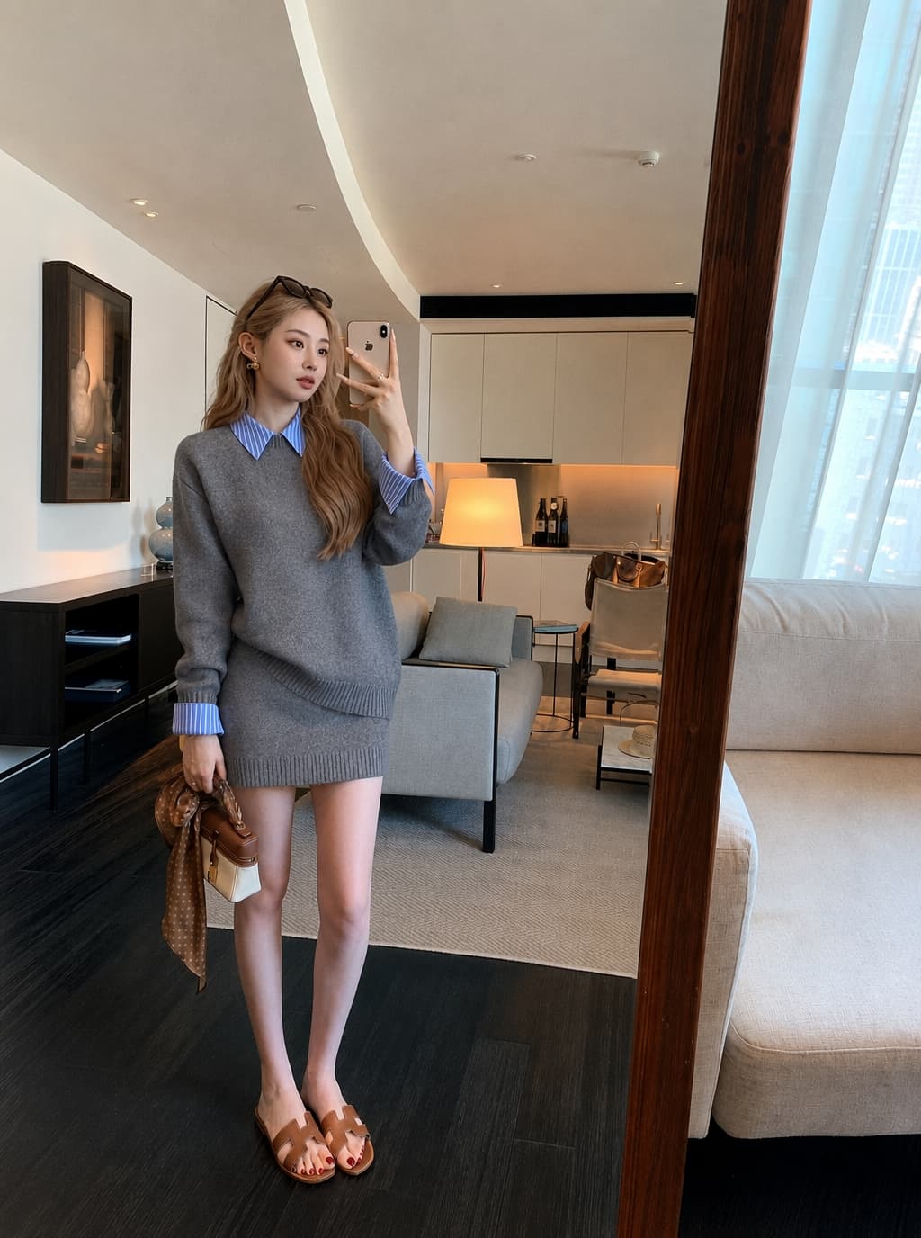 실사 한 부서 회색 폴로 칼라 가짜 2 피스 슈트 머리 스웨터 여자 가을 루즈핏 니트 스웨터 맨위 치마 세트 이미지 3