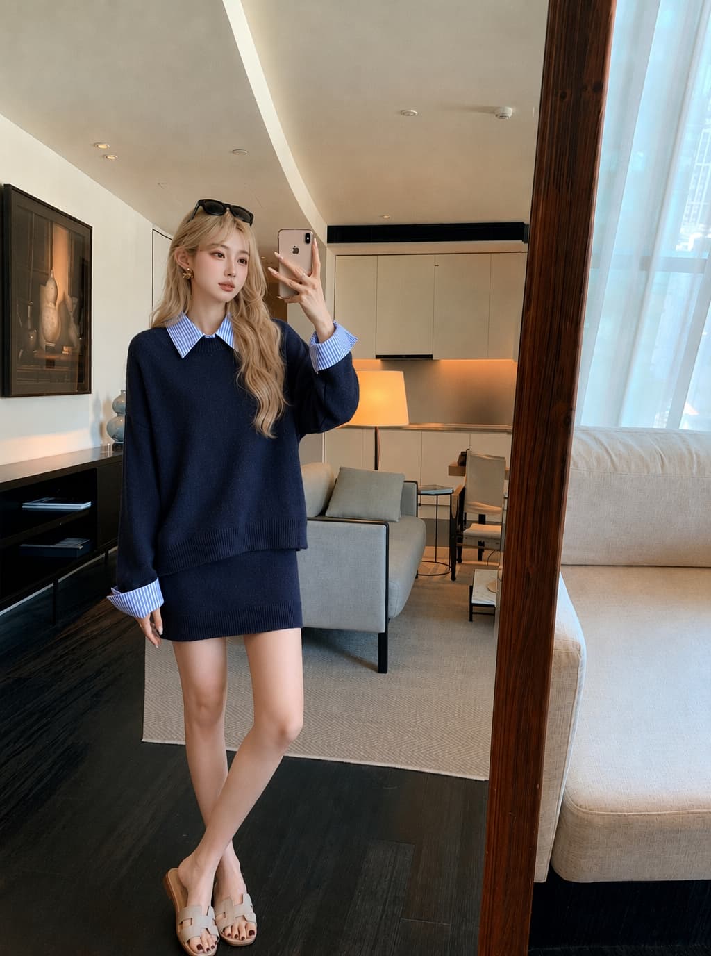 실사 한 부서 회색 폴로 칼라 가짜 2 피스 슈트 머리 스웨터 여자 가을 루즈핏 니트 스웨터 맨위 치마 세트 이미지 2