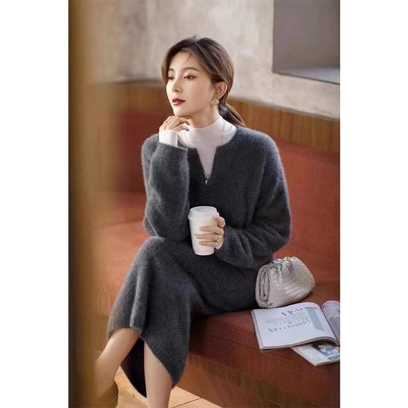 2026 새로운 느긋한 바람 세트 여성 라운드 넥 루즈핏 빅 사이즈 스웨터 두 조각 치마 패션 니트 양모 치마 상세 이미지 2