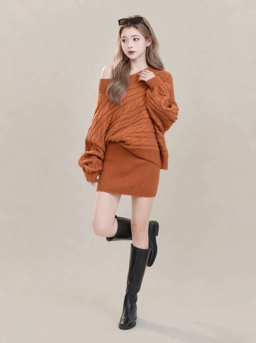 실사 2026 새로운 꽈배기 스웨터 세트 드레스 가을 겨울 느긋한 루즈핏 슬림해 보이는 니트 스웨터 투피스 세트 미니 스커트 상세 이미지 3