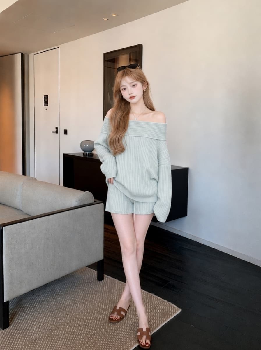 실사 2026 새로운 품격 니트 세트 오프숄더 스웨터 루즈핏 캐주얼 반바지 두 조각 여성 세트 상세 이미지 1