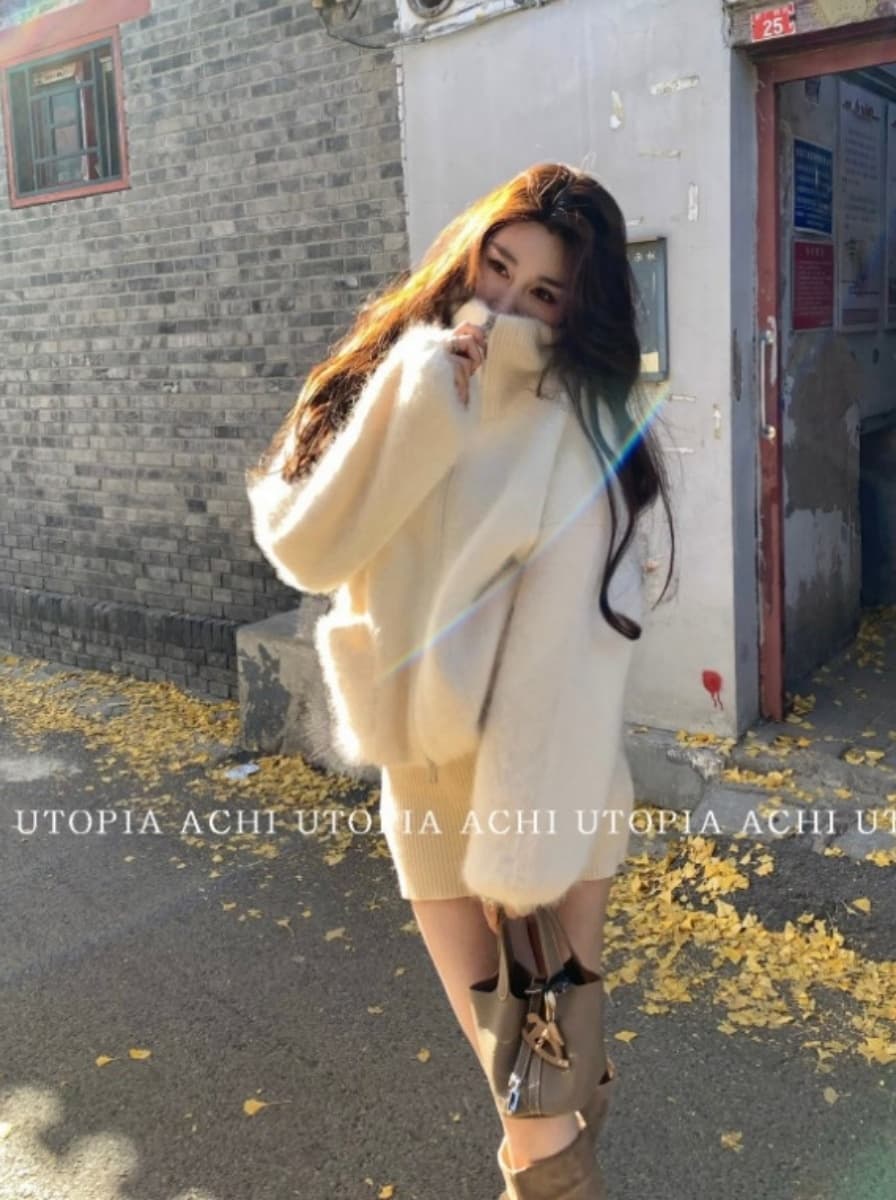 achi 대 또한 수영장 수달 털 니트 스웨터 스웨터 여자 화이트 지퍼 재킷 니트 타이트 스커트 투피스 슈트 상세 이미지 6