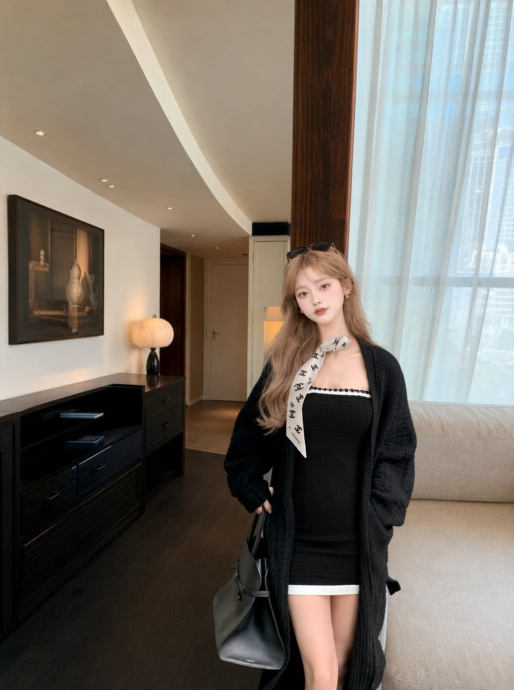 실사 2026 년 새로운 부드럽다 따뜻한 루즈핏 느긋한 스웨터 니트 튜브탑 치마 투피스 세트 조립 스카프 이미지 2