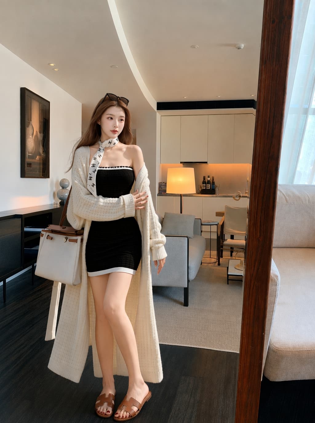 실사 2026 년 새로운 부드럽다 따뜻한 루즈핏 느긋한 스웨터 니트 튜브탑 치마 투피스 세트 조립 스카프 상세 이미지 6