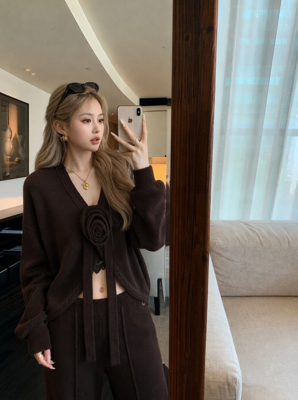실사 2026 새로운 럭셔리 아름다움 패션 느긋한 바람 스웨터 코트 니트 와이드 레그 팬츠 투피스 슈트