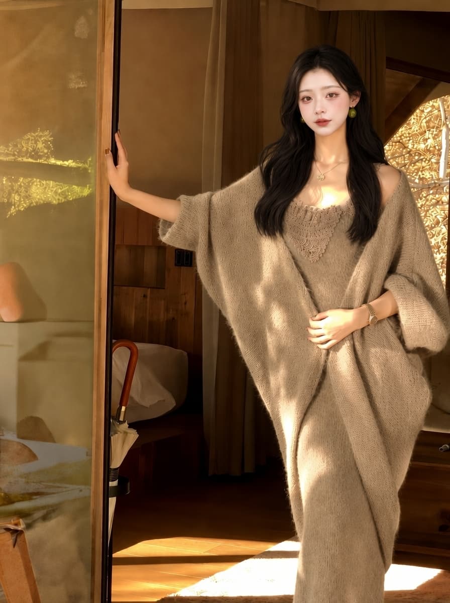 실사 부드러운 바람 착용 가져 가라. 가을 새로운 자수 칼라 허리 수축 슬립 니트 드레스 루즈핏 스웨터 코트 이미지 3