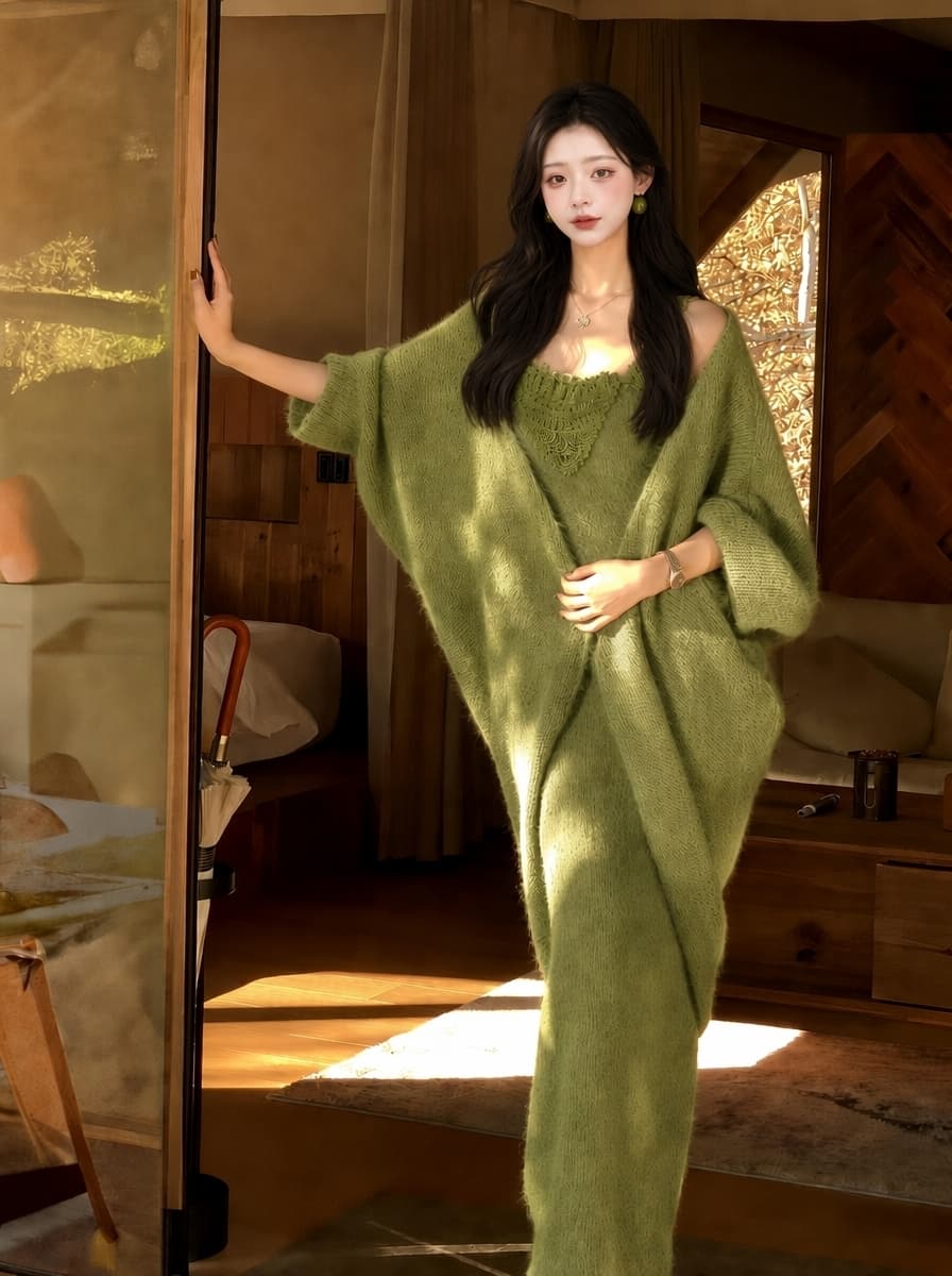 실사 부드러운 바람 착용 가져 가라. 가을 새로운 자수 칼라 허리 수축 슬립 니트 드레스 루즈핏 스웨터 코트