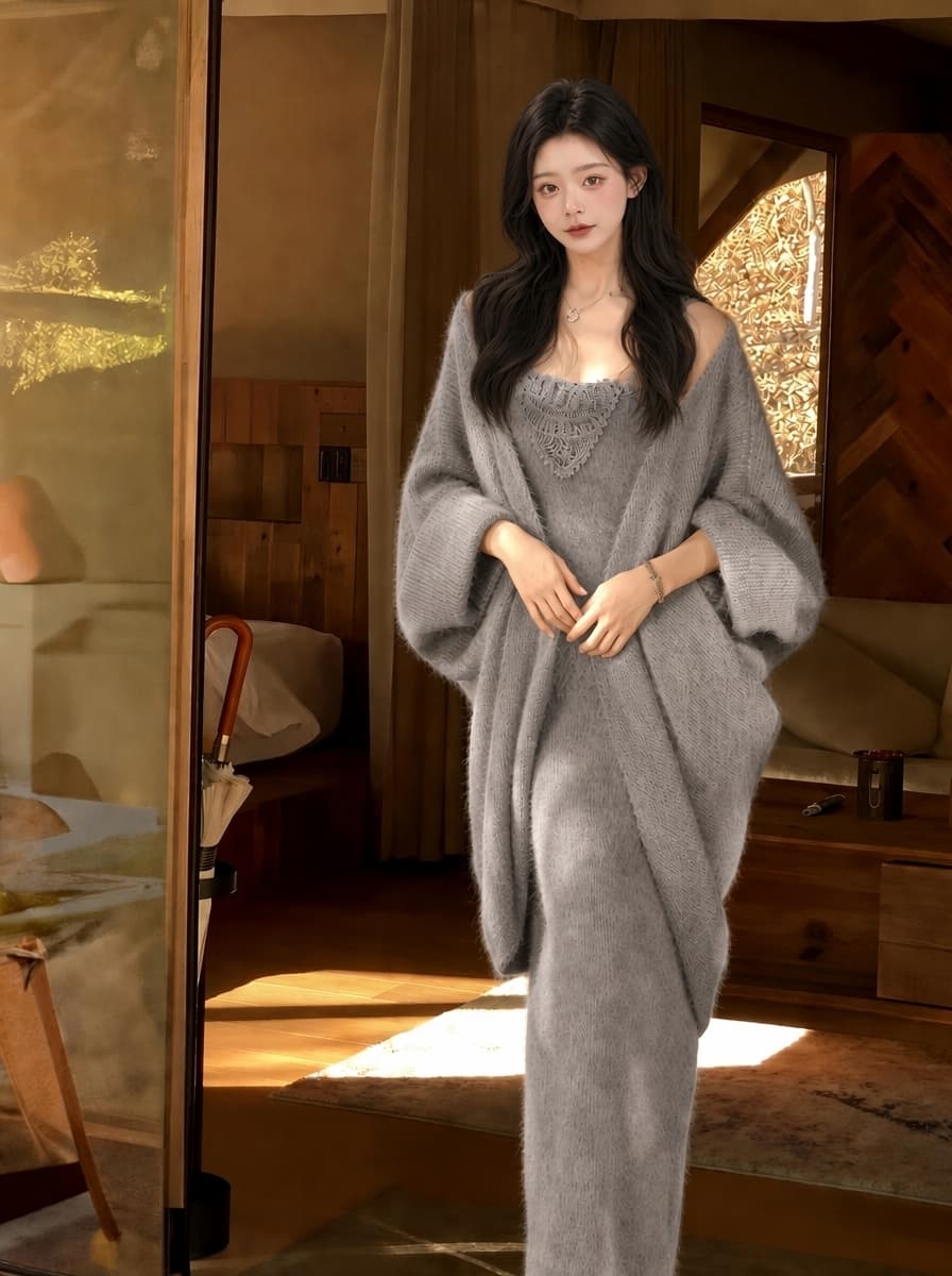 실사 부드러운 바람 착용 가져 가라. 가을 새로운 자수 칼라 허리 수축 슬립 니트 드레스 루즈핏 스웨터 코트 상세 이미지 1