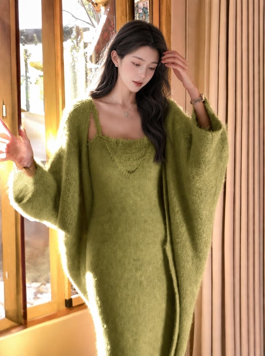 실사 부드러운 바람 착용 가져 가라. 가을 새로운 자수 칼라 허리 수축 슬립 니트 드레스 루즈핏 스웨터 코트 상세 이미지 4