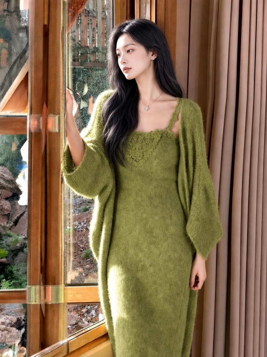 실사 부드러운 바람 착용 가져 가라. 가을 새로운 자수 칼라 허리 수축 슬립 니트 드레스 루즈핏 스웨터 코트 상세 이미지 5