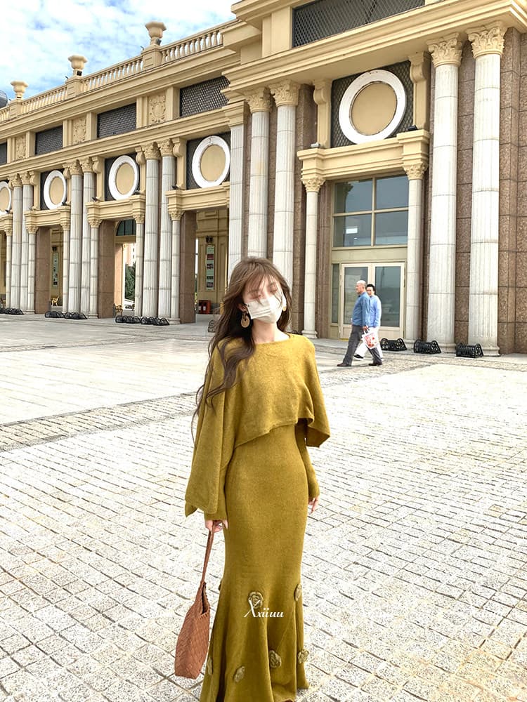 2026 년 새로운 xxiiuu 가을 겨울 품격 더블 색상 꽃 인어 꼬리 니트 원피스 여성 롱 코트 A라인 스커트 투피스 세트 이미지 4