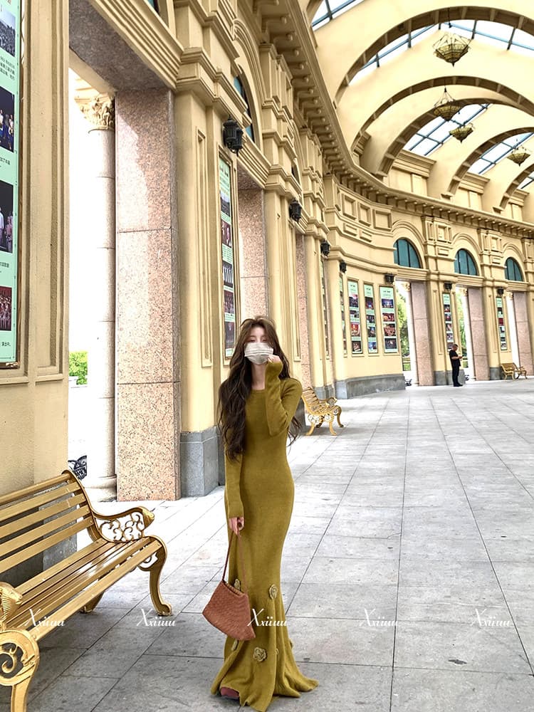 2026 년 새로운 xxiiuu 가을 겨울 품격 더블 색상 꽃 인어 꼬리 니트 원피스 여성 롱 코트 A라인 스커트 투피스 세트 상세 이미지 1