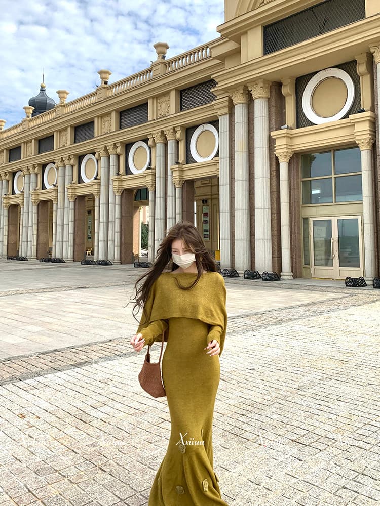 2026 년 새로운 xxiiuu 가을 겨울 품격 더블 색상 꽃 인어 꼬리 니트 원피스 여성 롱 코트 A라인 스커트 투피스 세트 상세 이미지 2