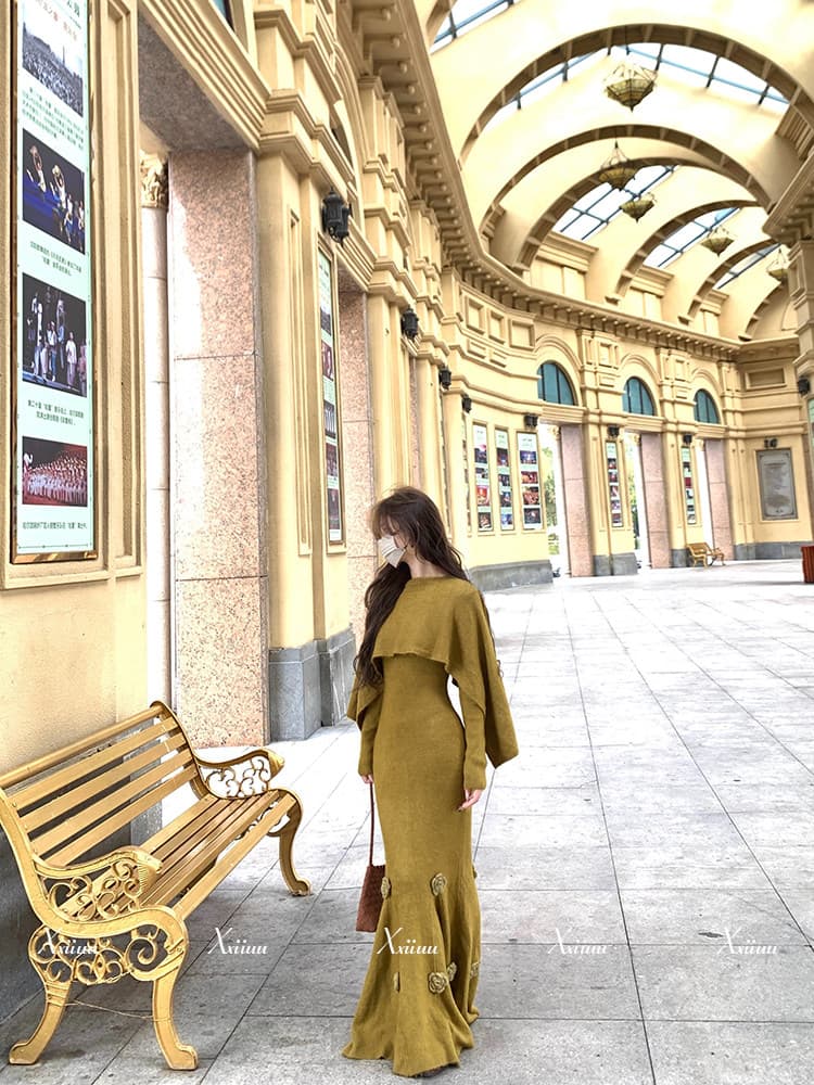 2026 년 새로운 xxiiuu 가을 겨울 품격 더블 색상 꽃 인어 꼬리 니트 원피스 여성 롱 코트 A라인 스커트 투피스 세트 상세 이미지 6