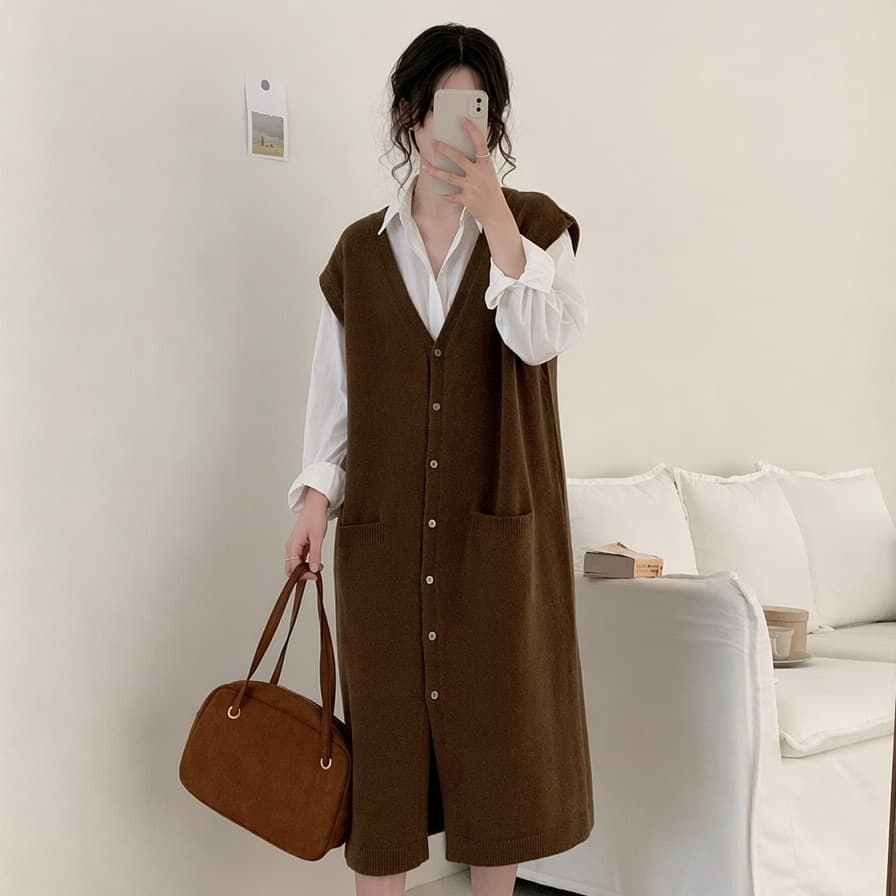 실사 한국 주문 높은 품질 에디션 롱 코트 오픈 가디건 와이드 부드러운 찹쌀 느긋한 바람 민소매 어깨 베스트 니트 스웨터 이미지 5