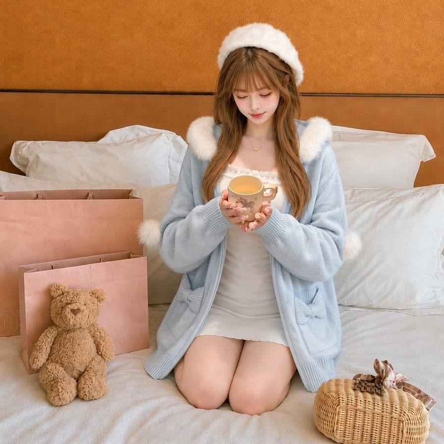 실사 2026 새로운 큰 모피 칼라 스웨터 니트 카디건 코트 나비 매듭 니트 슬립 드레스 투피스 슈트 이미지 5
