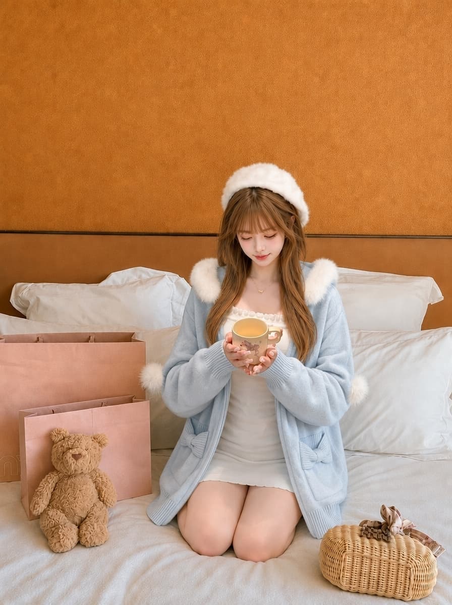 실사 2026 새로운 큰 모피 칼라 스웨터 니트 카디건 코트 나비 매듭 니트 슬립 드레스 투피스 슈트 상세 이미지 3