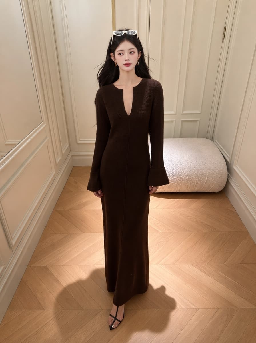 실사 2026 새로운 가을 겨울 세련된 품격 슬림해 보이는 V넥 양모 니트 허리 수축 드레스 기본 스커트 상세 이미지 3