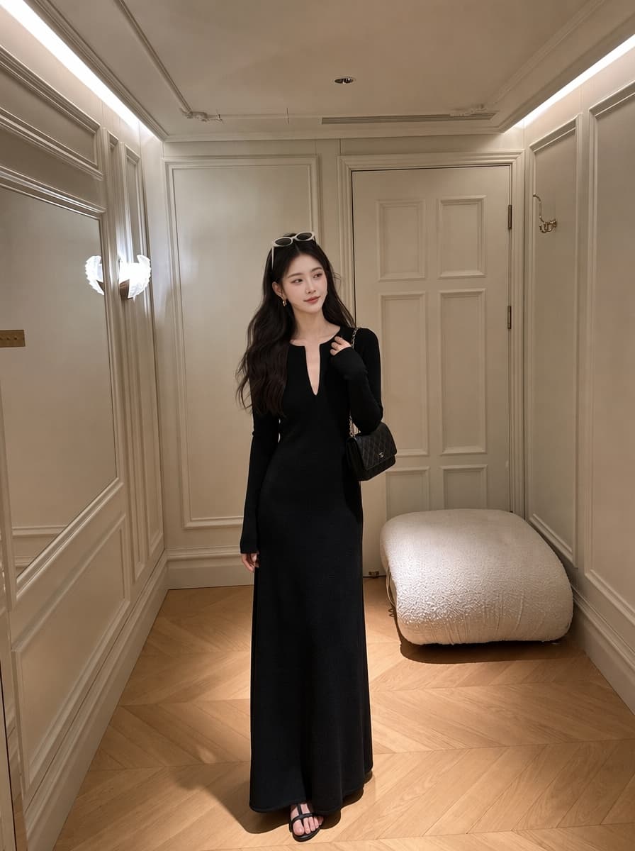 실사 2026 새로운 가을 겨울 세련된 품격 슬림해 보이는 V넥 양모 니트 허리 수축 드레스 기본 스커트 상세 이미지 6