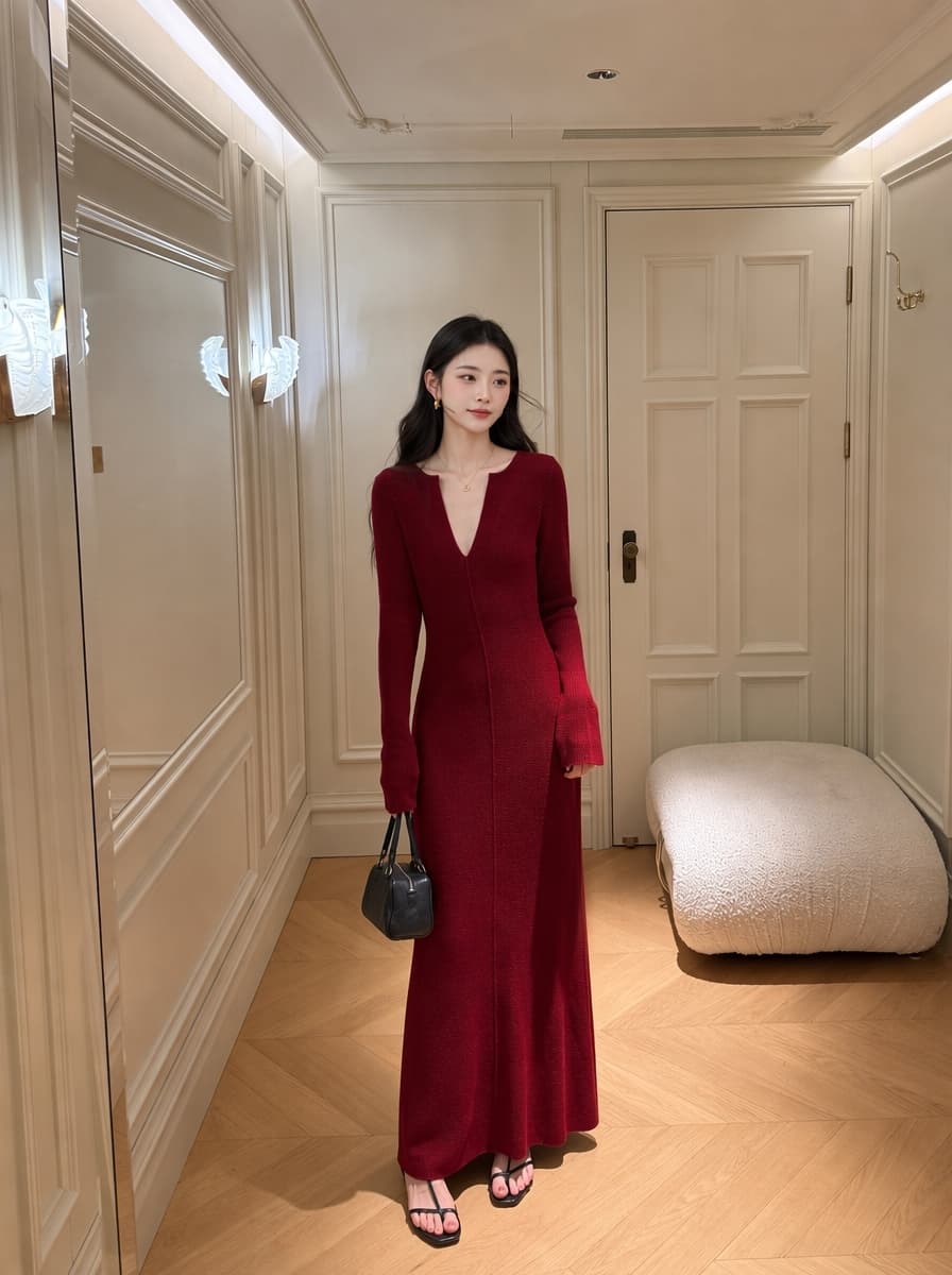 실사 2026 새로운 가을 겨울 세련된 품격 슬림해 보이는 V넥 양모 니트 허리 수축 드레스 기본 스커트 상세 이미지 7