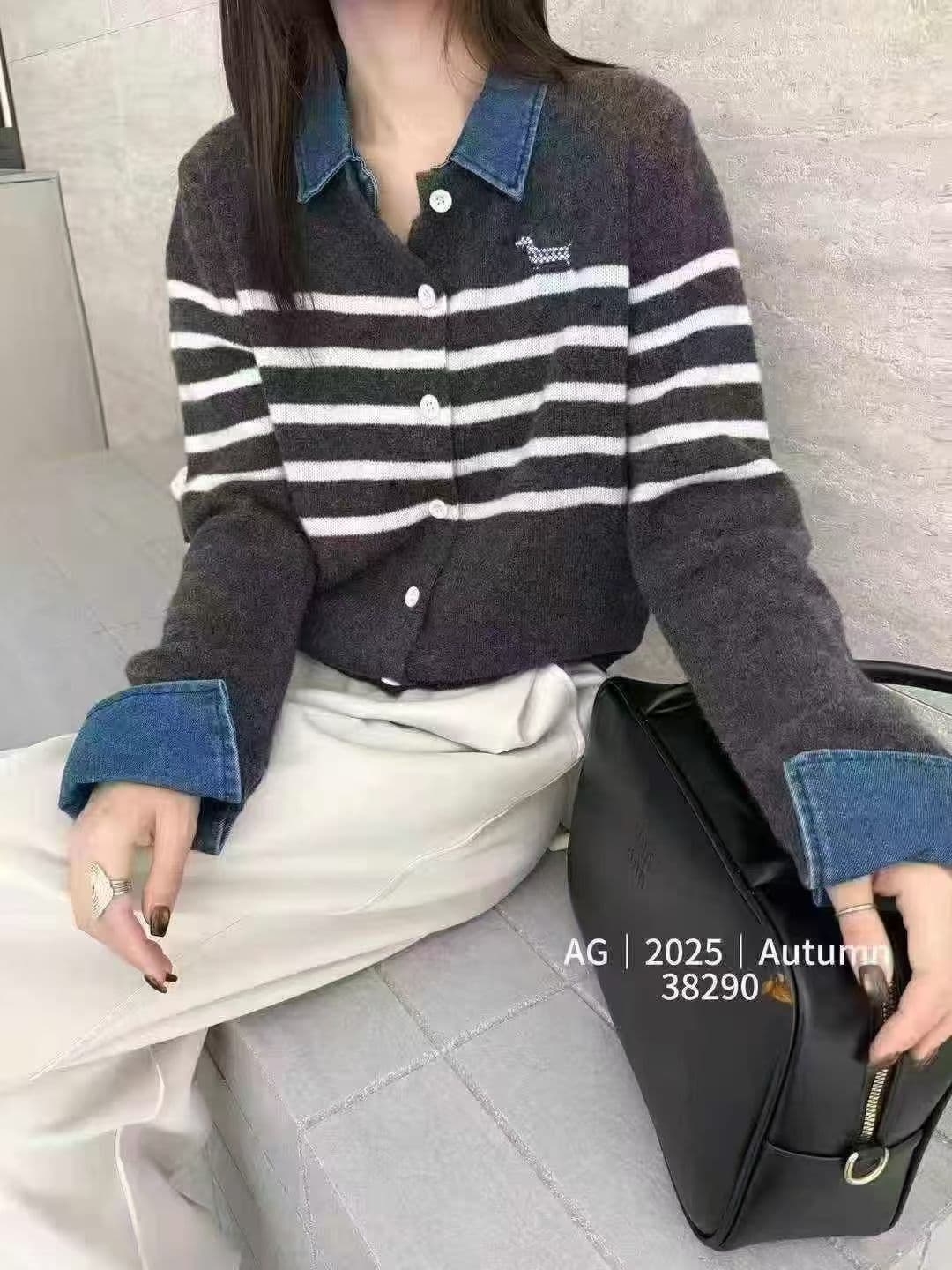 유럽 상품 2026 가을 새로운 패치워크 데님 폴로 칼라 긴팔 스트라이프 자수 강아지 니트 스웨터 맨위 외국 가스 상세 이미지 2