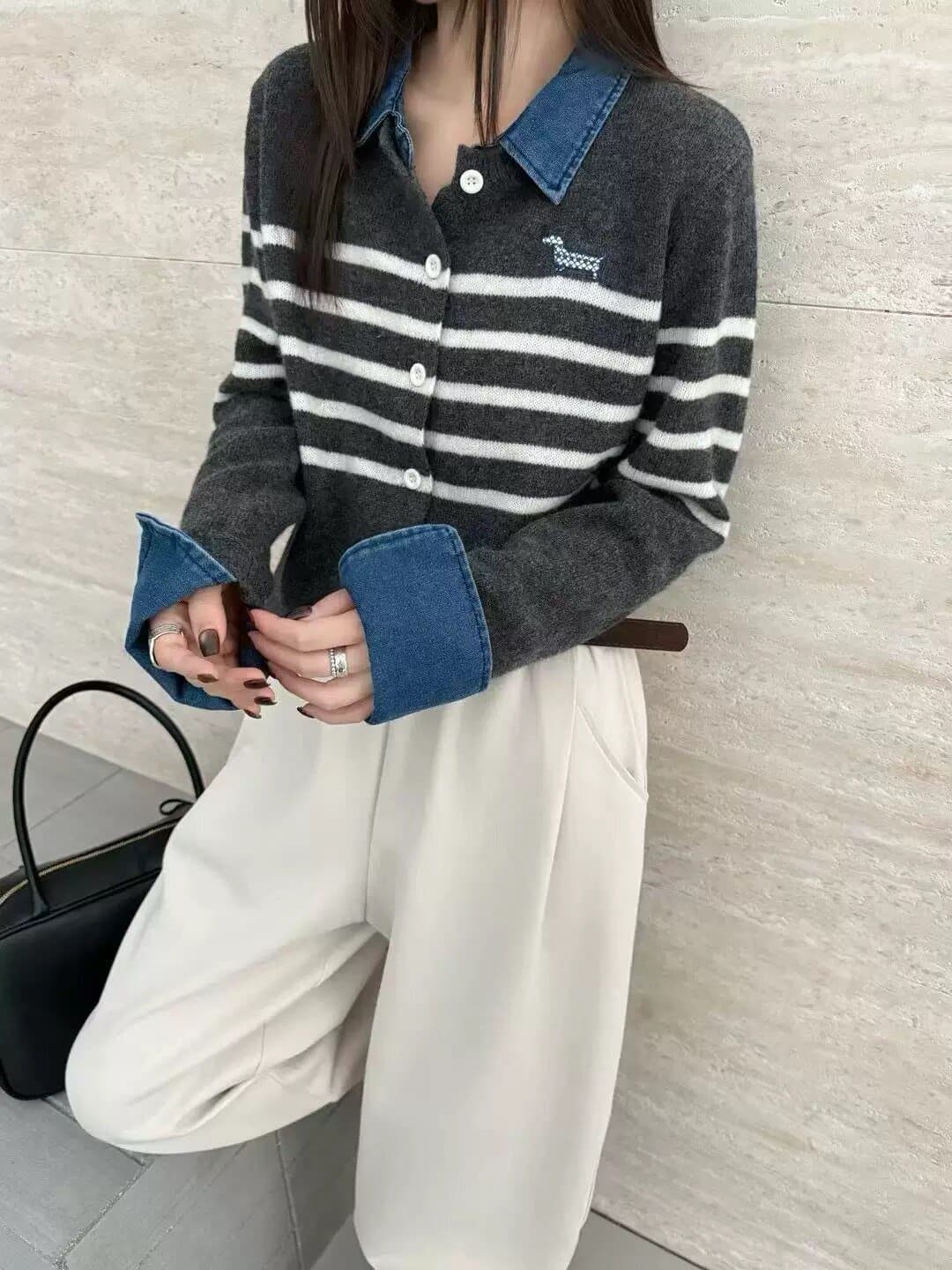 유럽 상품 2026 가을 새로운 패치워크 데님 폴로 칼라 긴팔 스트라이프 자수 강아지 니트 스웨터 맨위 외국 가스 상세 이미지 4