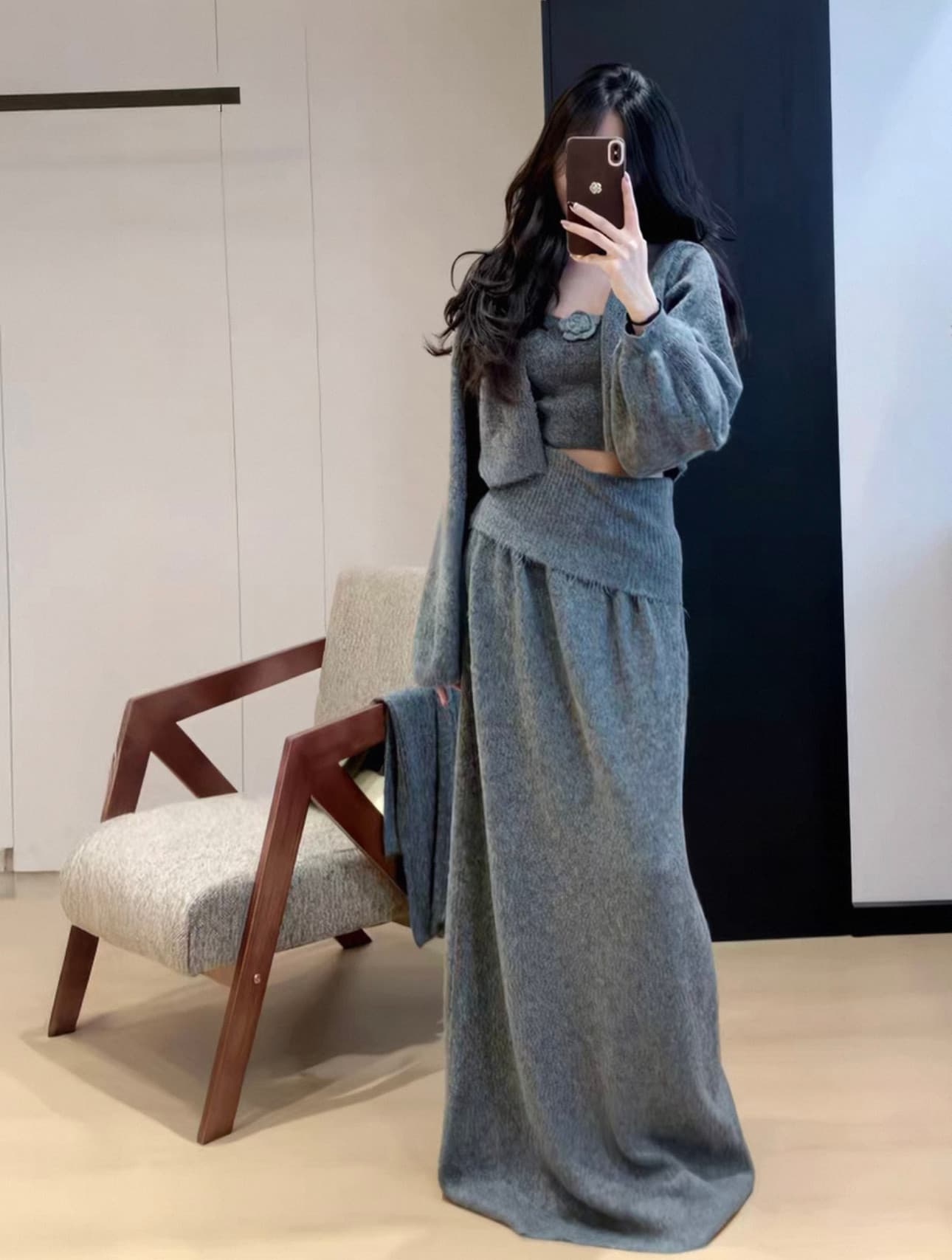 2026 가을 새로운 올해 인기 불규칙 튜브탑 조끼 카디건 코트 캐주얼 반신 스커트 3종 세트 상세 이미지 2