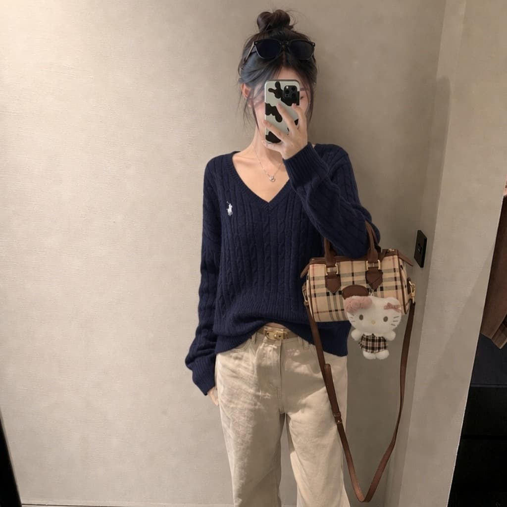 실사 아메리칸 레트로 빨간색 신년 V넥 스웨터 여자 봄 가을 겨울 루즈핏 슬림해 보이는 캐주얼 맨위 니트 스웨터 이미지 5