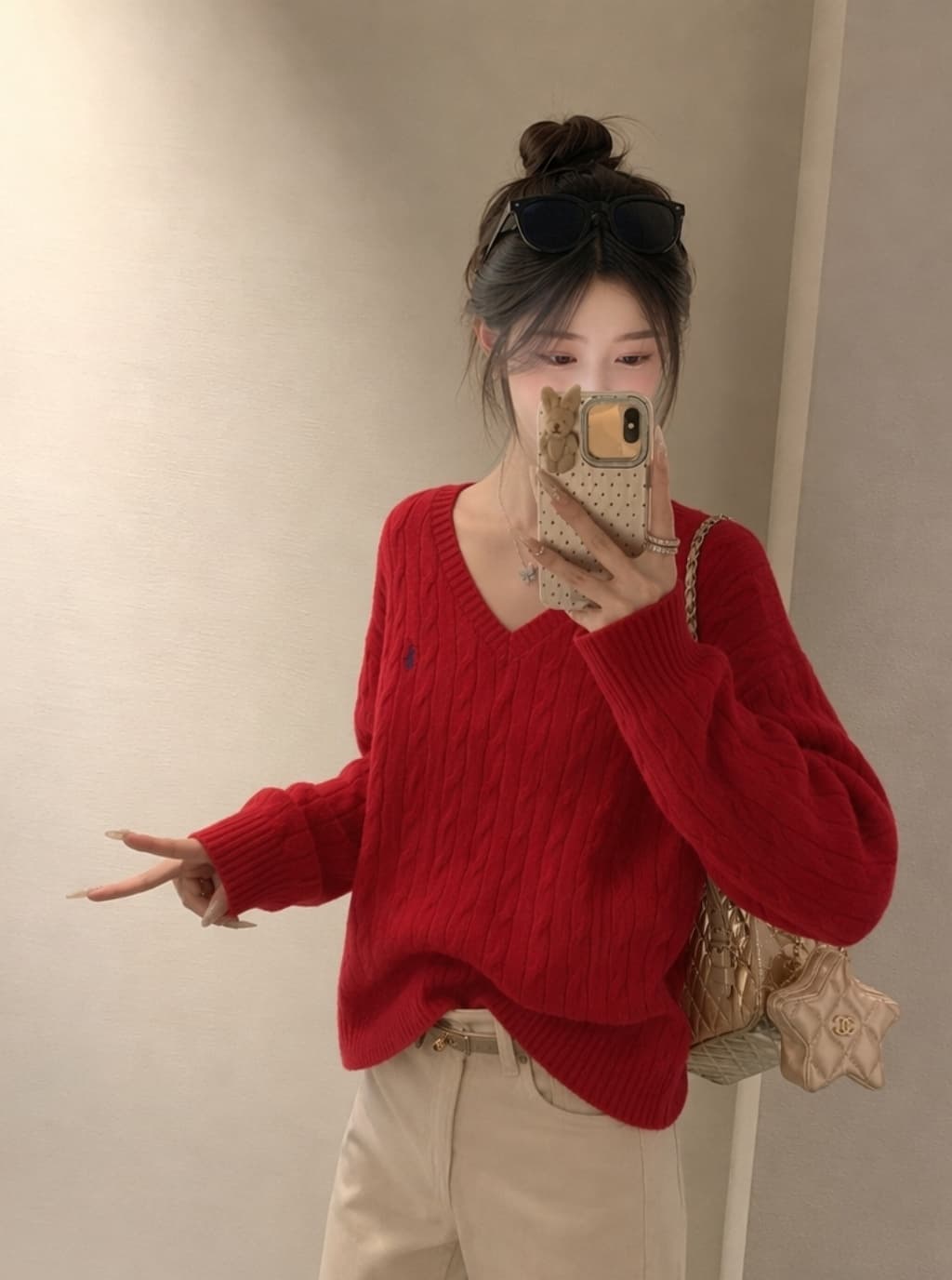 실사 아메리칸 레트로 빨간색 신년 V넥 스웨터 여자 봄 가을 겨울 루즈핏 슬림해 보이는 캐주얼 맨위 니트 스웨터 상세 이미지 3