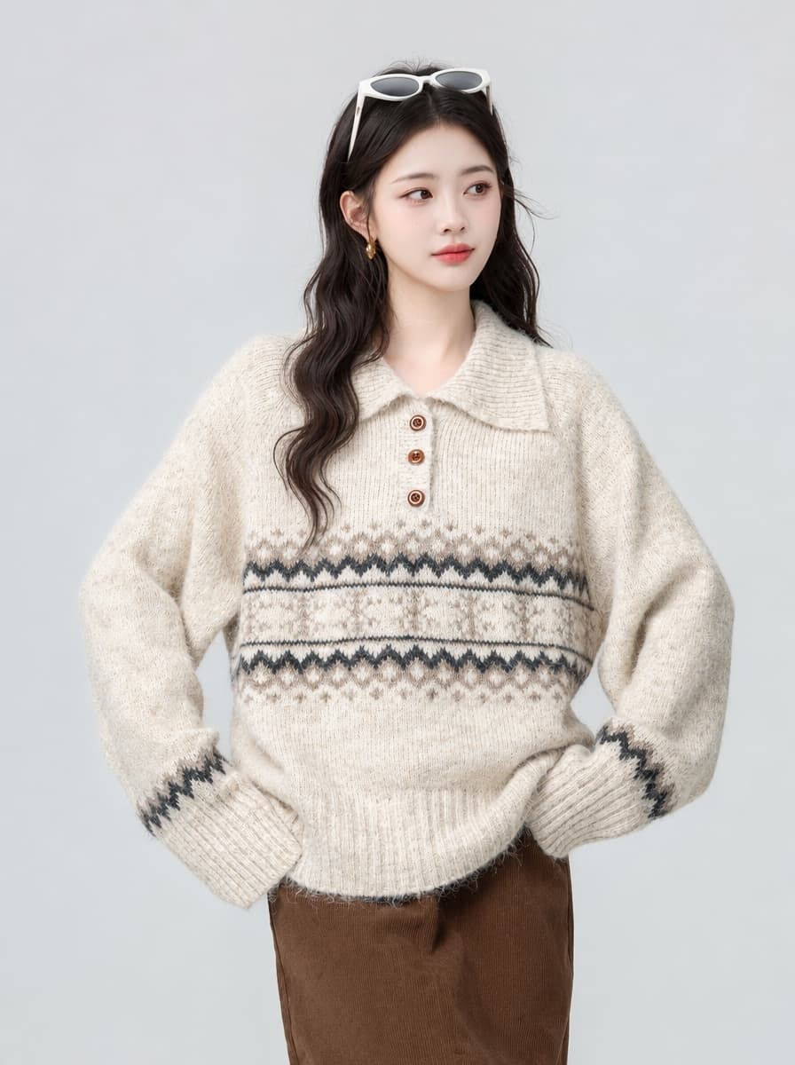 실사 레트로 공정한 섬 POLO 칼라 풀오버 스웨터 여자 봄 가을 새로운 수 있습니다. 외출용 니트 맨위 상세 이미지 1