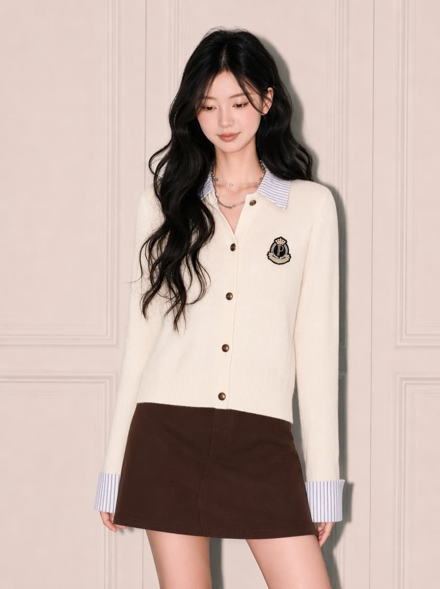 실사 5 색 2026 가을 의상 새로운 양모 니트 스웨터 셔츠 칼라 자수 스웨터 여자 오픈 가디건 맨위 재킷 이미지 4