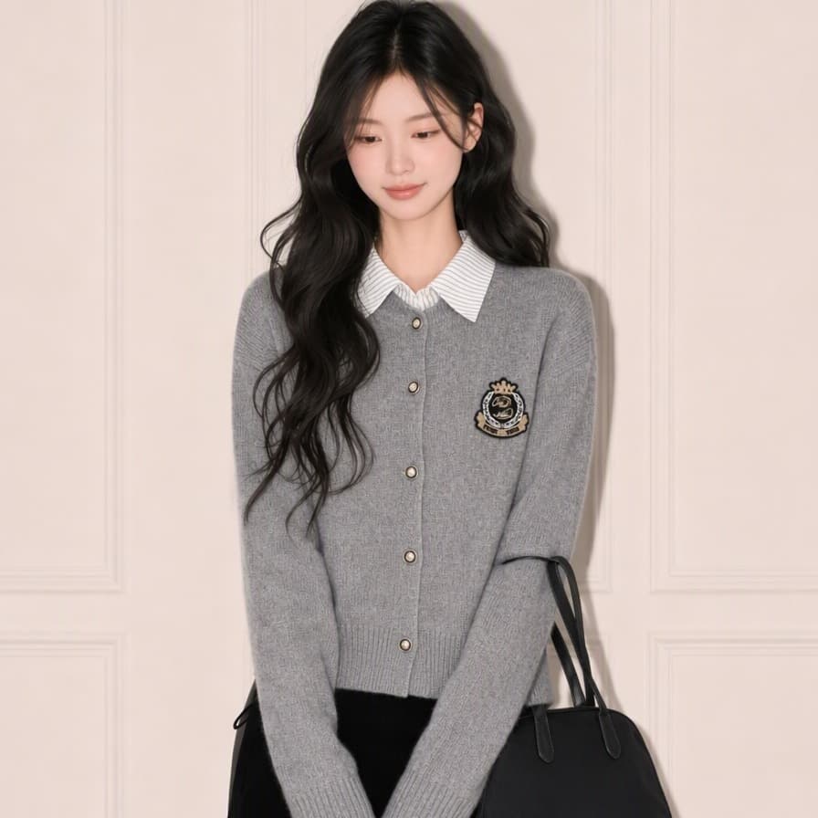 실사 5 색 2026 가을 의상 새로운 양모 니트 스웨터 셔츠 칼라 자수 스웨터 여자 오픈 가디건 맨위 재킷 이미지 6