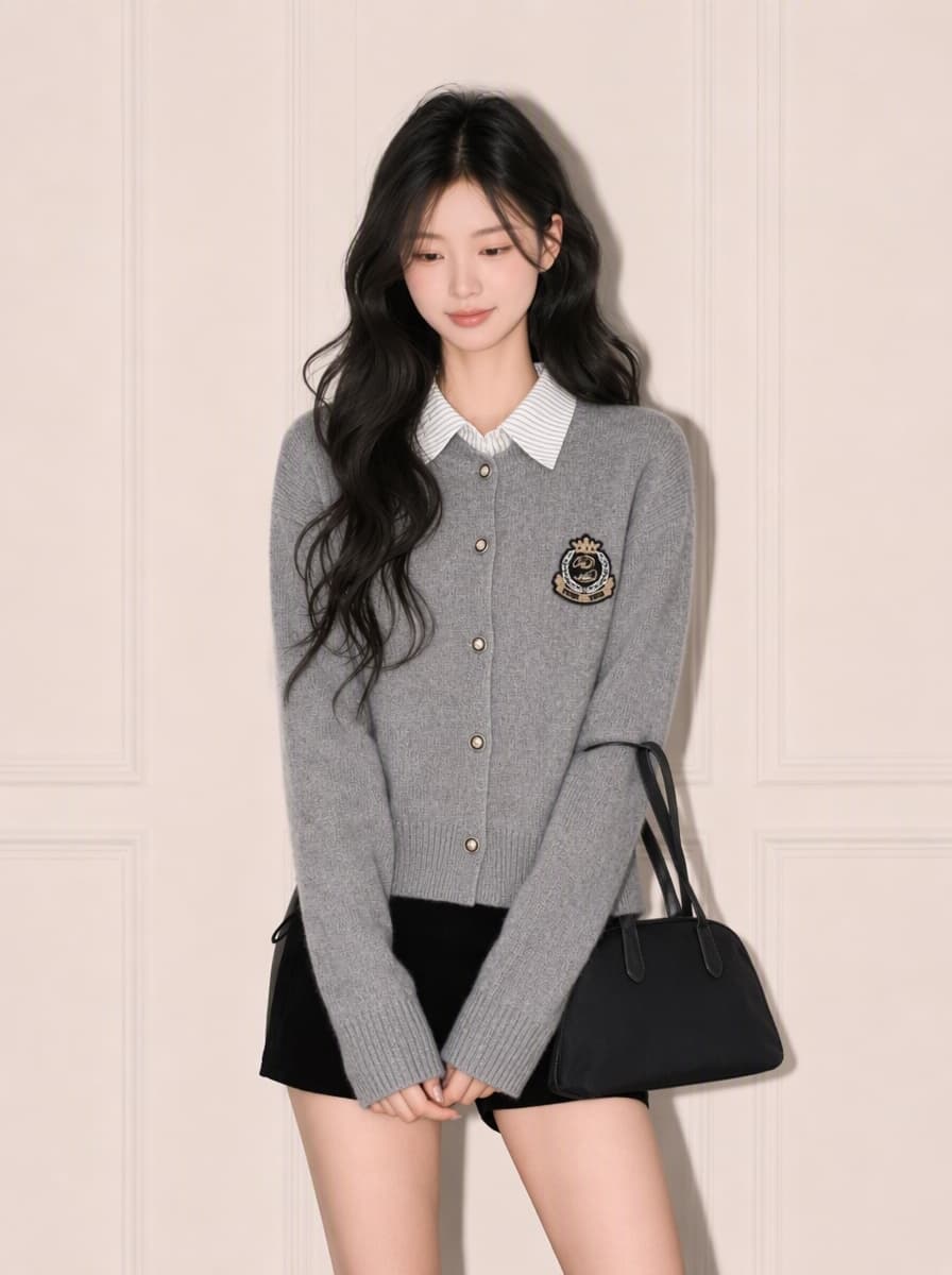 실사 5 색 2026 가을 의상 새로운 양모 니트 스웨터 셔츠 칼라 자수 스웨터 여자 오픈 가디건 맨위 재킷 상세 이미지 3