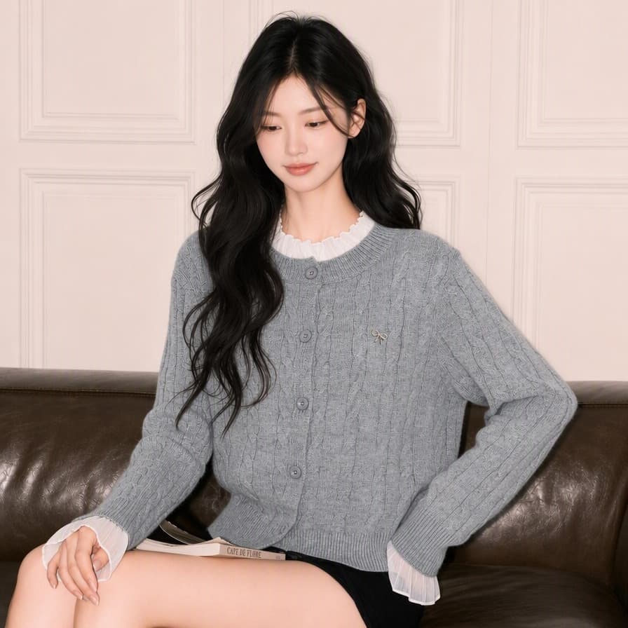 실사 2026 새로운 프랑스식 스웨터 여자 가을 겨울 레이스 조각 꽈배기 니트 오픈 가디건 맨위 이미지 6