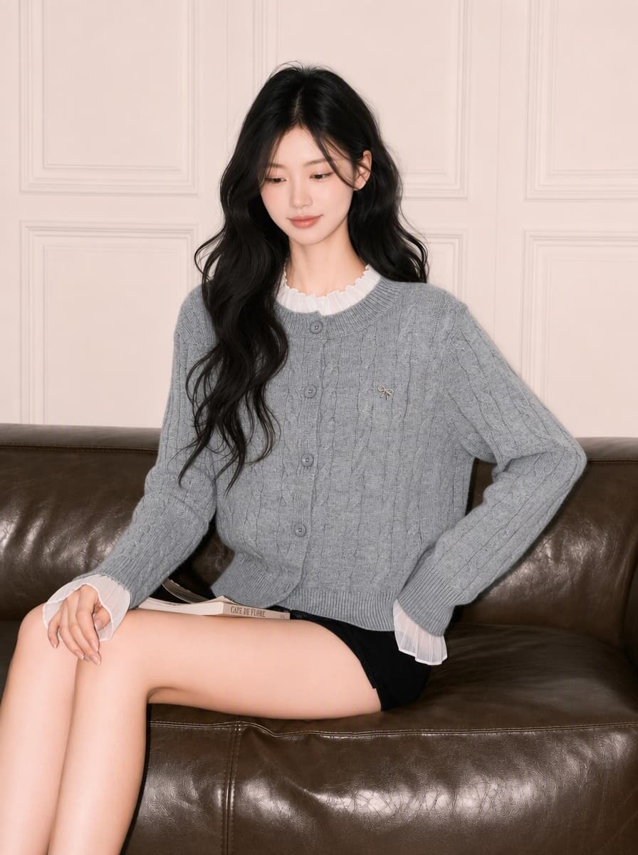 실사 2026 새로운 프랑스식 스웨터 여자 가을 겨울 레이스 조각 꽈배기 니트 오픈 가디건 맨위 상세 이미지 1