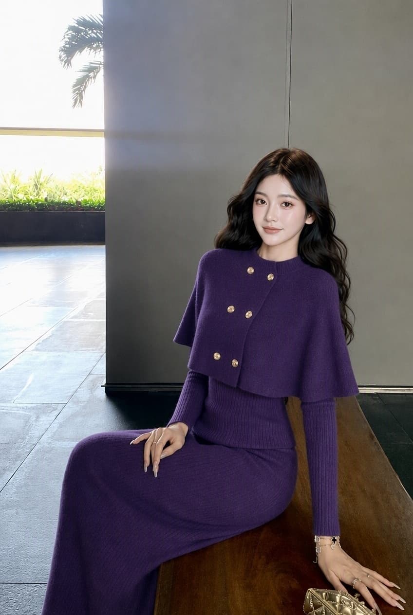 실사 프랑스식 그는 벤 바람 레트로 이중 버튼 스탠드 칼라 망토 스웨터 니트 타이트 스커트 세 조각 세트 상세 이미지 2