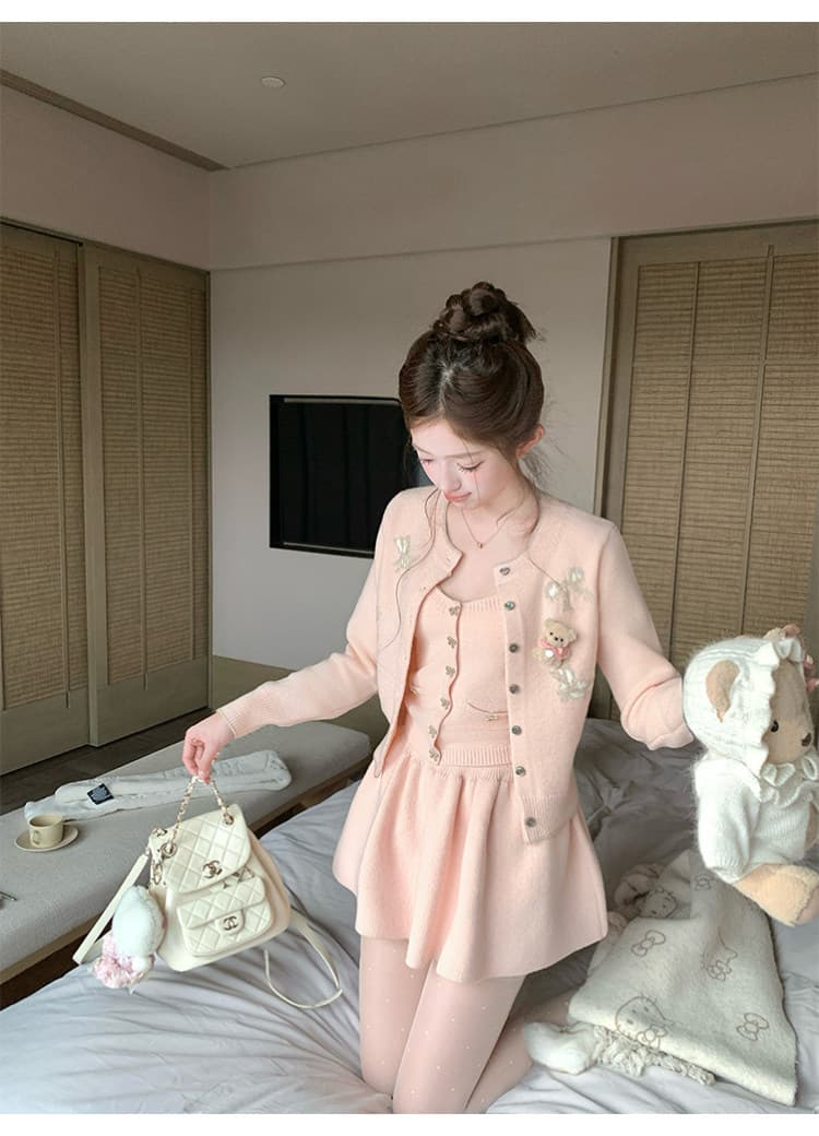 acaine 핑크색 쇼트 스타일 슬립 니트 오픈 가디건 반신 치마 세트 여성 겨울 한 부서 학원 스타일 3종 세트 상세 이미지 5