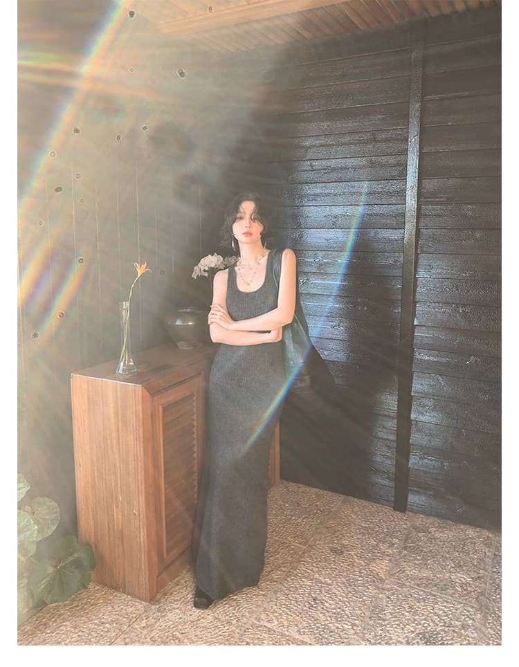 와인 정오 항구 바람 레트로 봄 새로운 모헤어 양모 혼방 니트 조끼 점프 슈트 롱 스커트 벨트 포함 상세 이미지 18