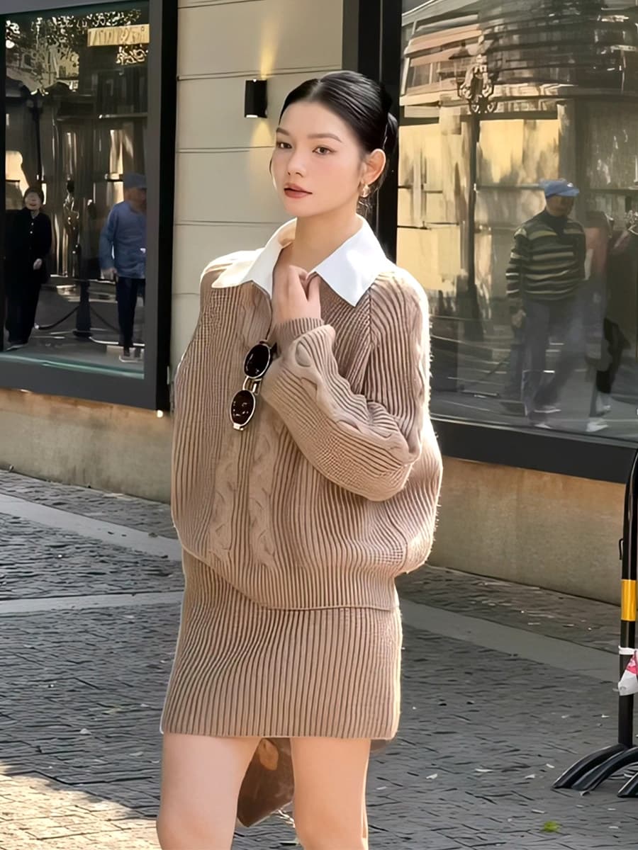 2026 빛 요리 한 미니멀리즘 바람 셔츠 칼라 니트 세트 여성 가을 겨울 페이크 레이어드 하이웨이스트 미니 스커트 출퇴근 투피스 세트 상세 이미지 5