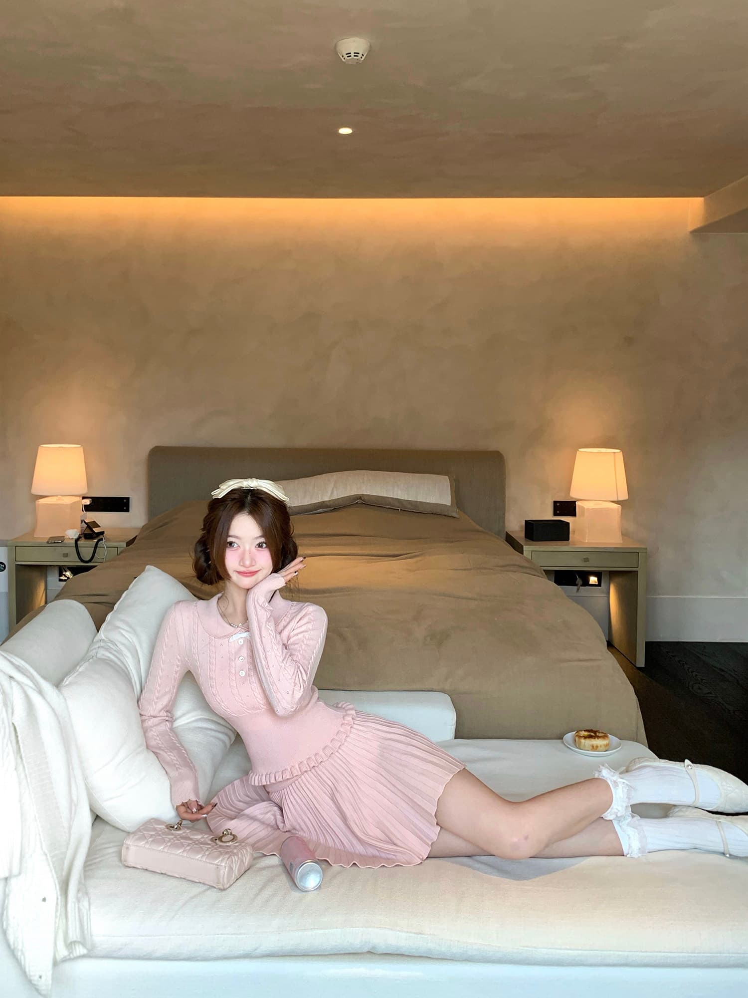 q 여자 집 새로 고침 학교 꽃 천 골드 센스 핑크색 긴팔 맨위 니트 스웨터 슈퍼 잘 생긴 가을 겨울 치마 세트 상세 이미지 5