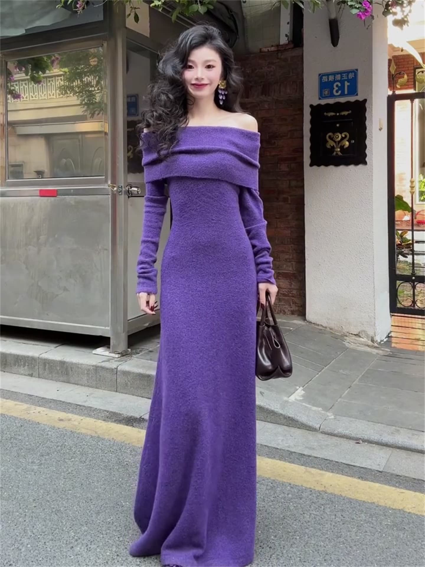 보라색 오프숄더 긴팔 니트 여성 드레스 가을 겨울 프랑스식 인사이드 가져 가라. 기본 스커트 허리 수축 몸매 가꾸기 타이트 스커트 롱 스커트 상세 이미지 3