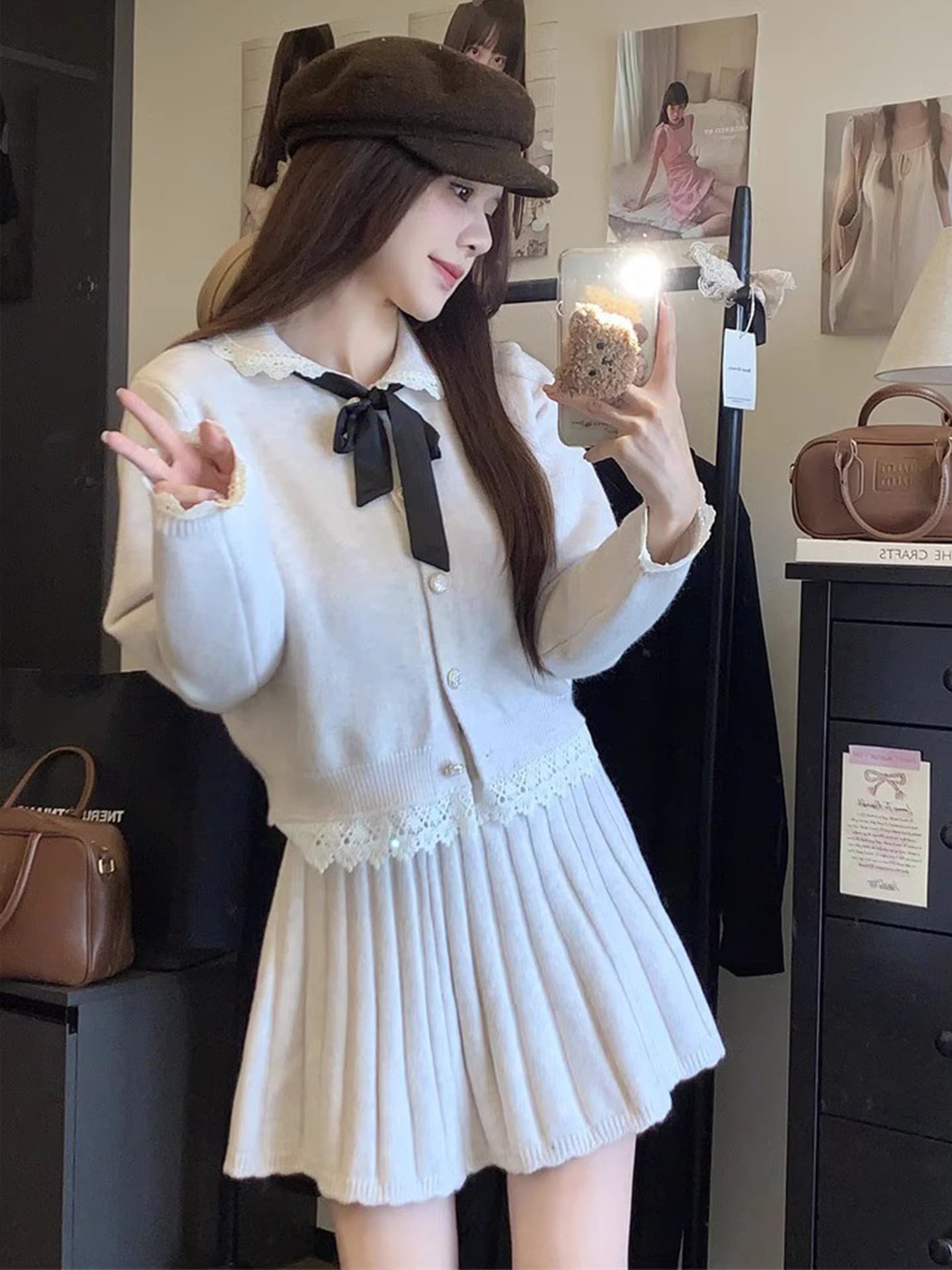 작은 키 향기로운 핑크색 레이스 니트 스웨터 여성 드레스 조기 가을 2026 새로운 한 부서 아름다운 세트 이미지 4