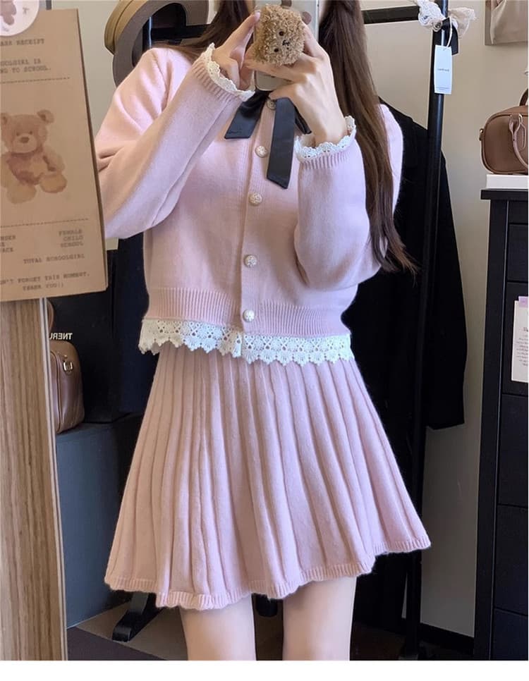 작은 키 향기로운 핑크색 레이스 니트 스웨터 여성 드레스 조기 가을 2026 새로운 한 부서 아름다운 세트 상세 이미지 4