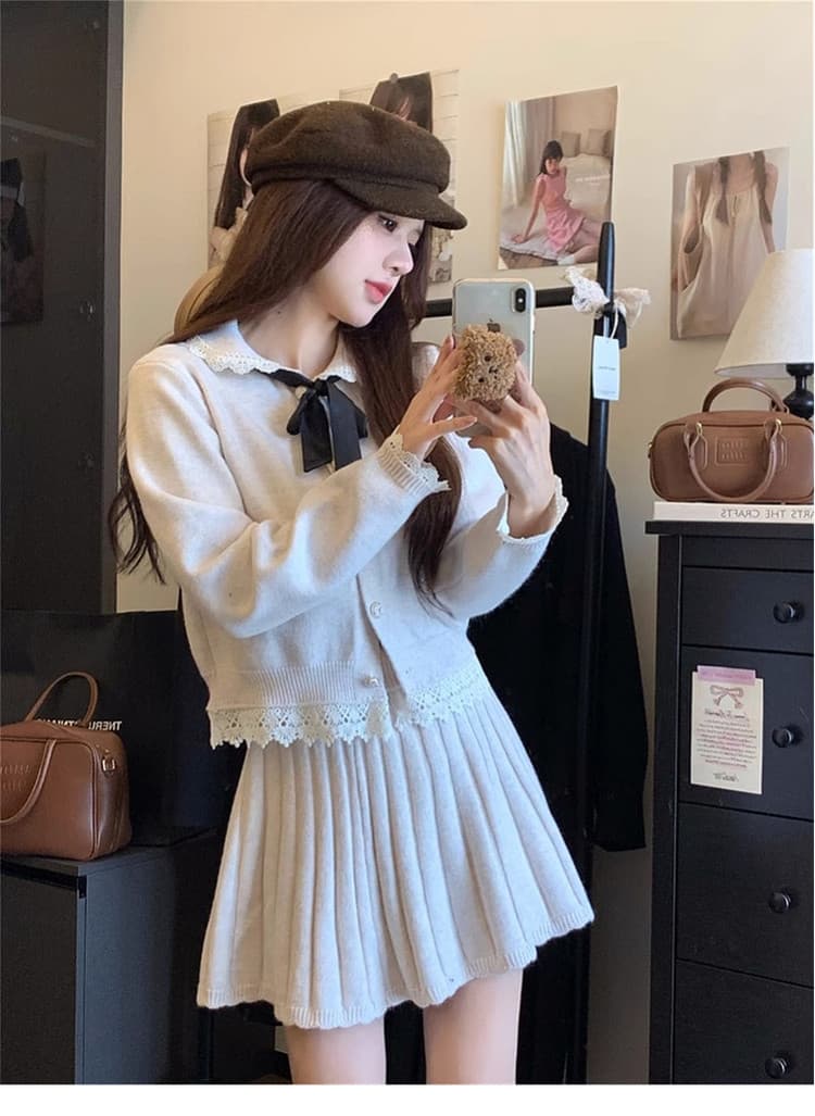 작은 키 향기로운 핑크색 레이스 니트 스웨터 여성 드레스 조기 가을 2026 새로운 한 부서 아름다운 세트 상세 이미지 6
