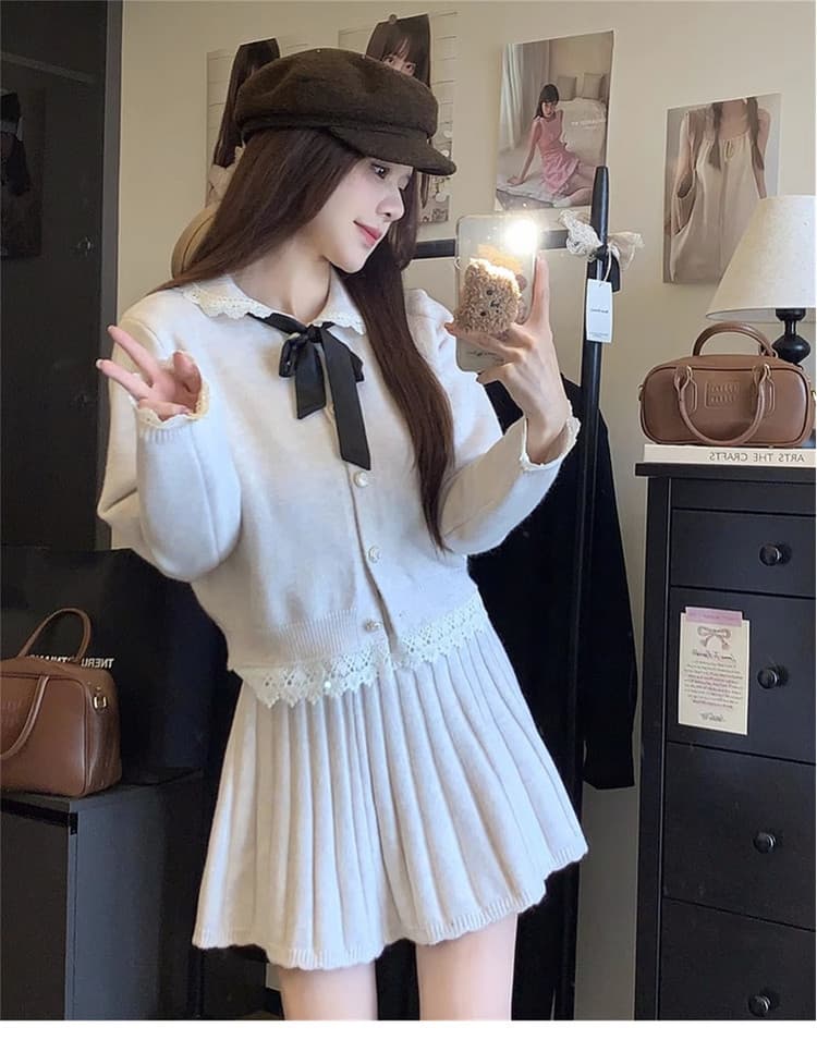 작은 키 향기로운 핑크색 레이스 니트 스웨터 여성 드레스 조기 가을 2026 새로운 한 부서 아름다운 세트 상세 이미지 7